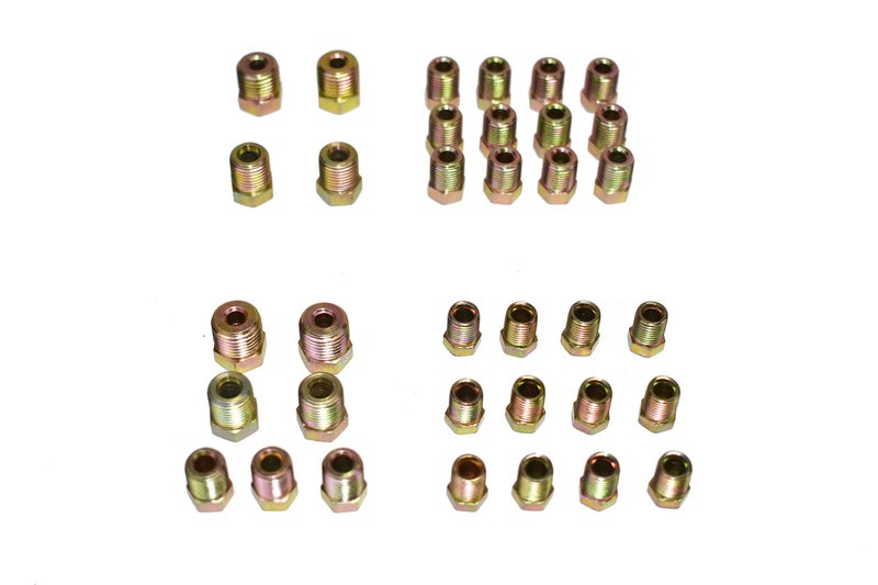 A-Team Performance Brake Line Fittings Kit - Universal Gold 35-Piece, 3/16 In & 1/4 In Tube - Inverted Flare Zinc-Coated Adapters for Automotive Brake Line Repair - Image 1